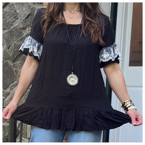 27 Chic Solid Lace Contrast Sleeves Tunic top - Picture 4 of 5